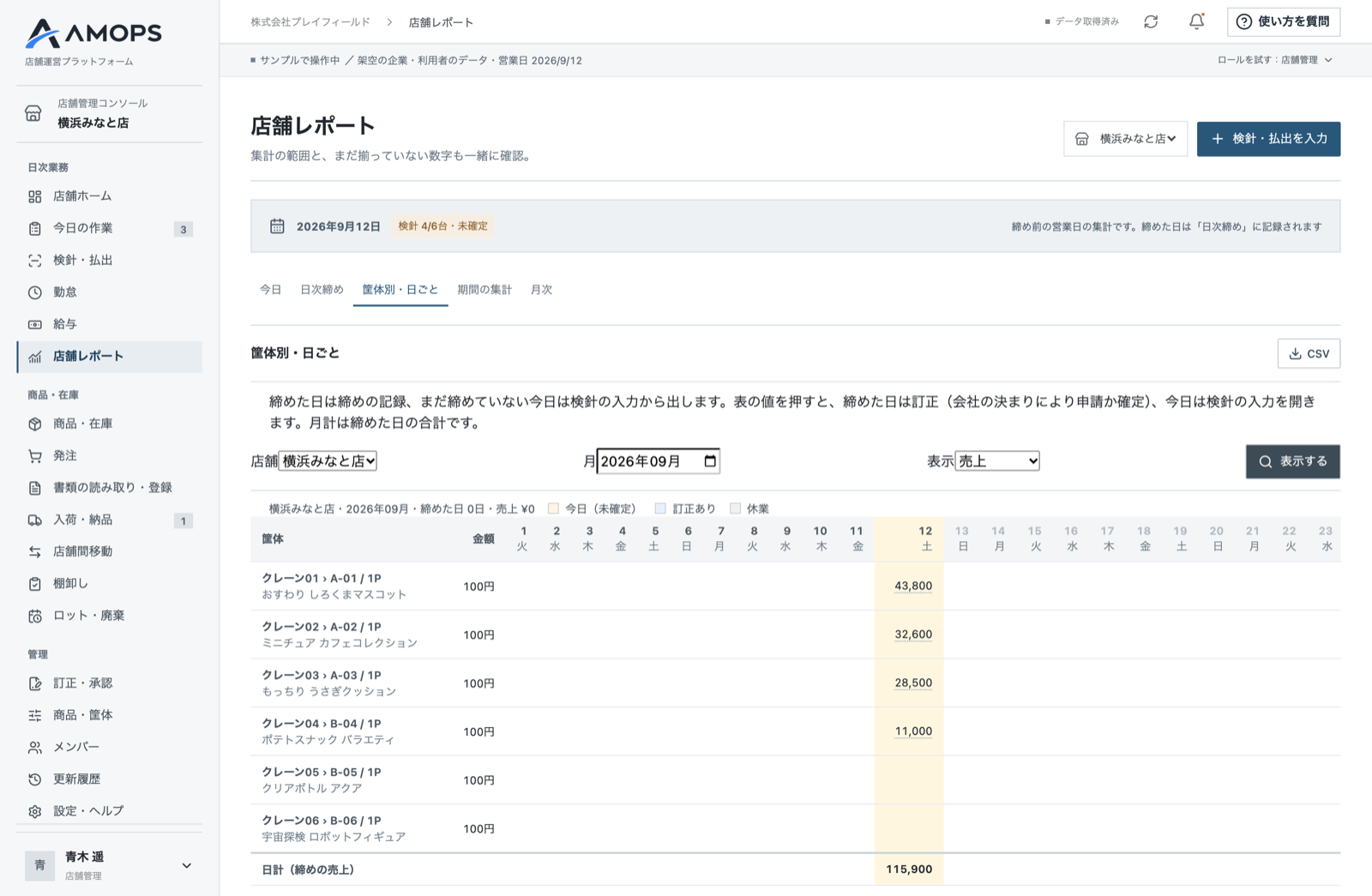 筐体別・日ごとの表。1か月の売上を、メーター表と同じ形で確認できます（サンプルデータ）